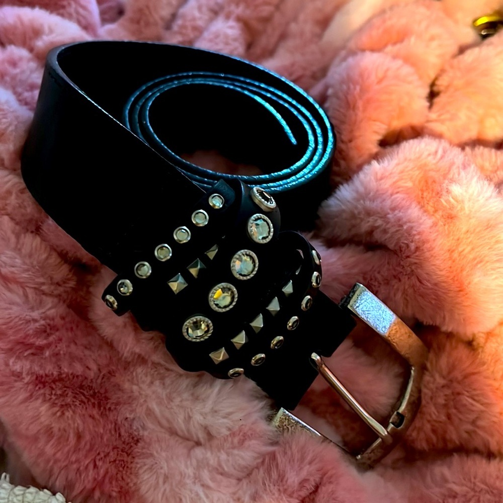 LEATHEROCK Belt Black Rhinestone leather XL38 fits 35-40 inches